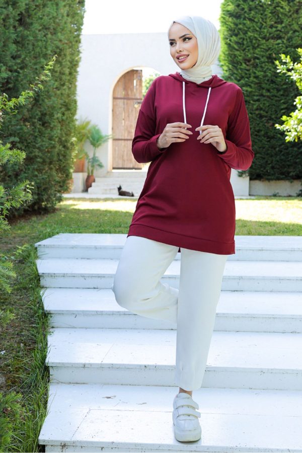 Kapşonlu Tunik Bordo - 10035.1778. - Görsel 4